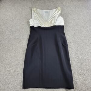 London Times Silk Dress Womens 10 Petite Black White Pearl Detail A-Line V-Neck